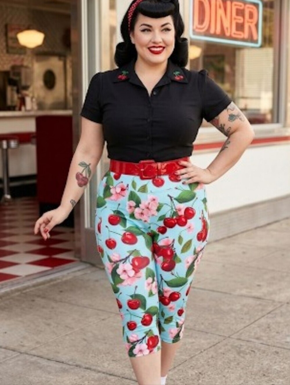 NIB TC Retro Pink Cherry Blossoms Capris Rockabilly Teal Pocket Capri Leggings